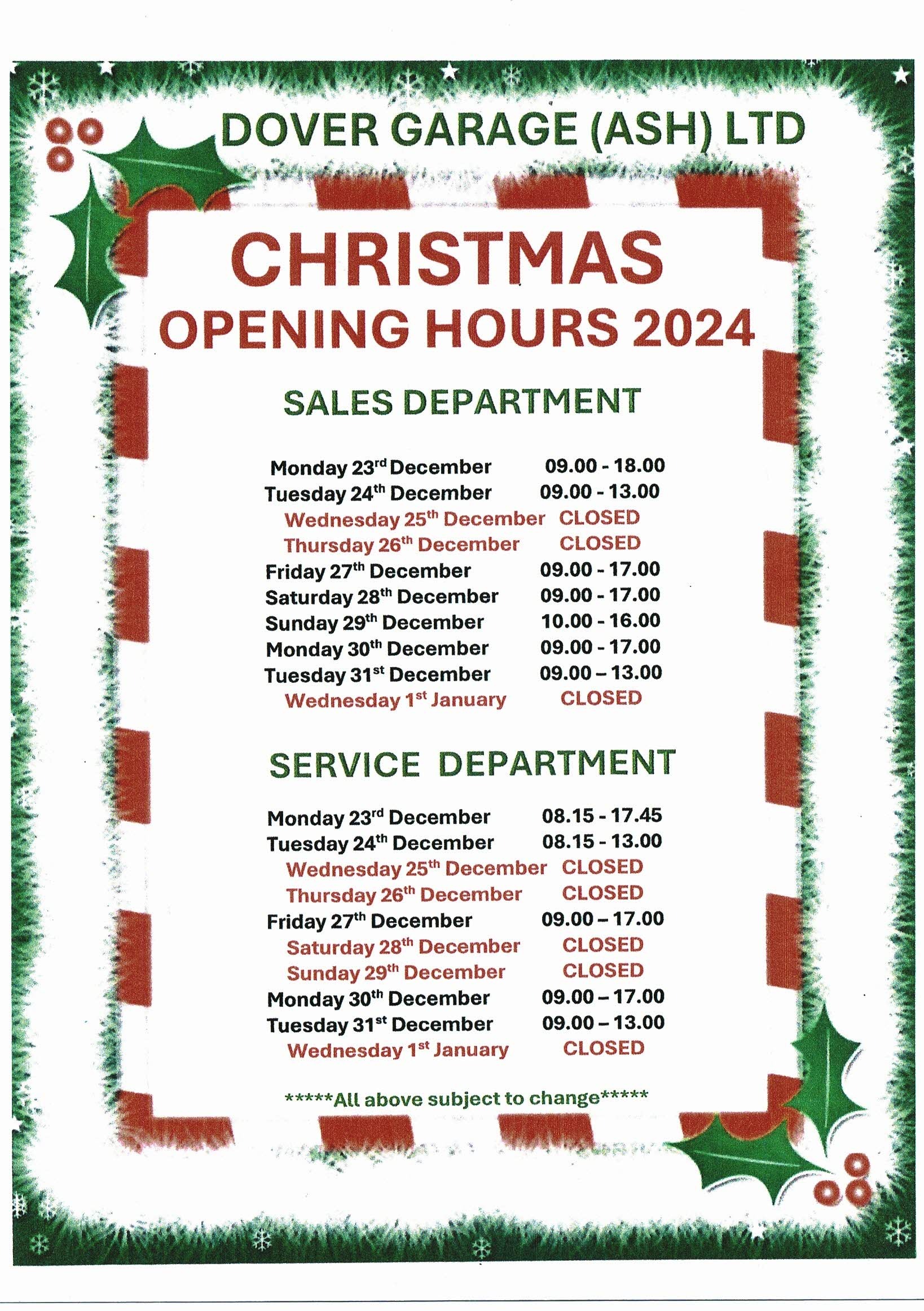 Christmas & New Year Opening Hours 2024/25